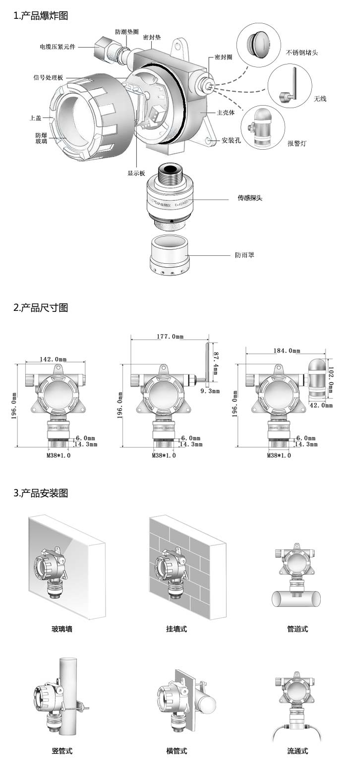 大眾固定在線式甲烷氣體檢測儀流通型網(wǎng)絡版尺寸與安裝圖